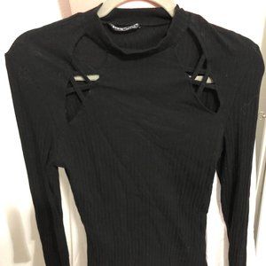 Black Rib Knit Mock Neck Turtleneck - Open shoulder design - Large (medium)